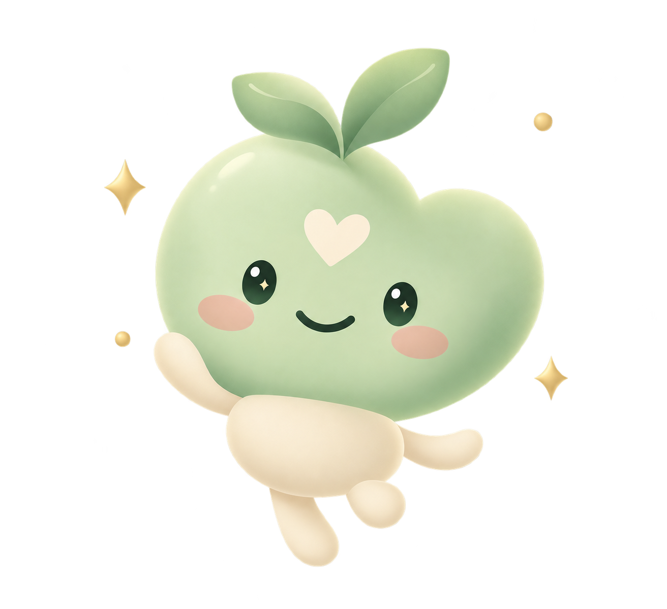 A cheerful sage-green LOVE PROSPERA mascot with a sprout and heart