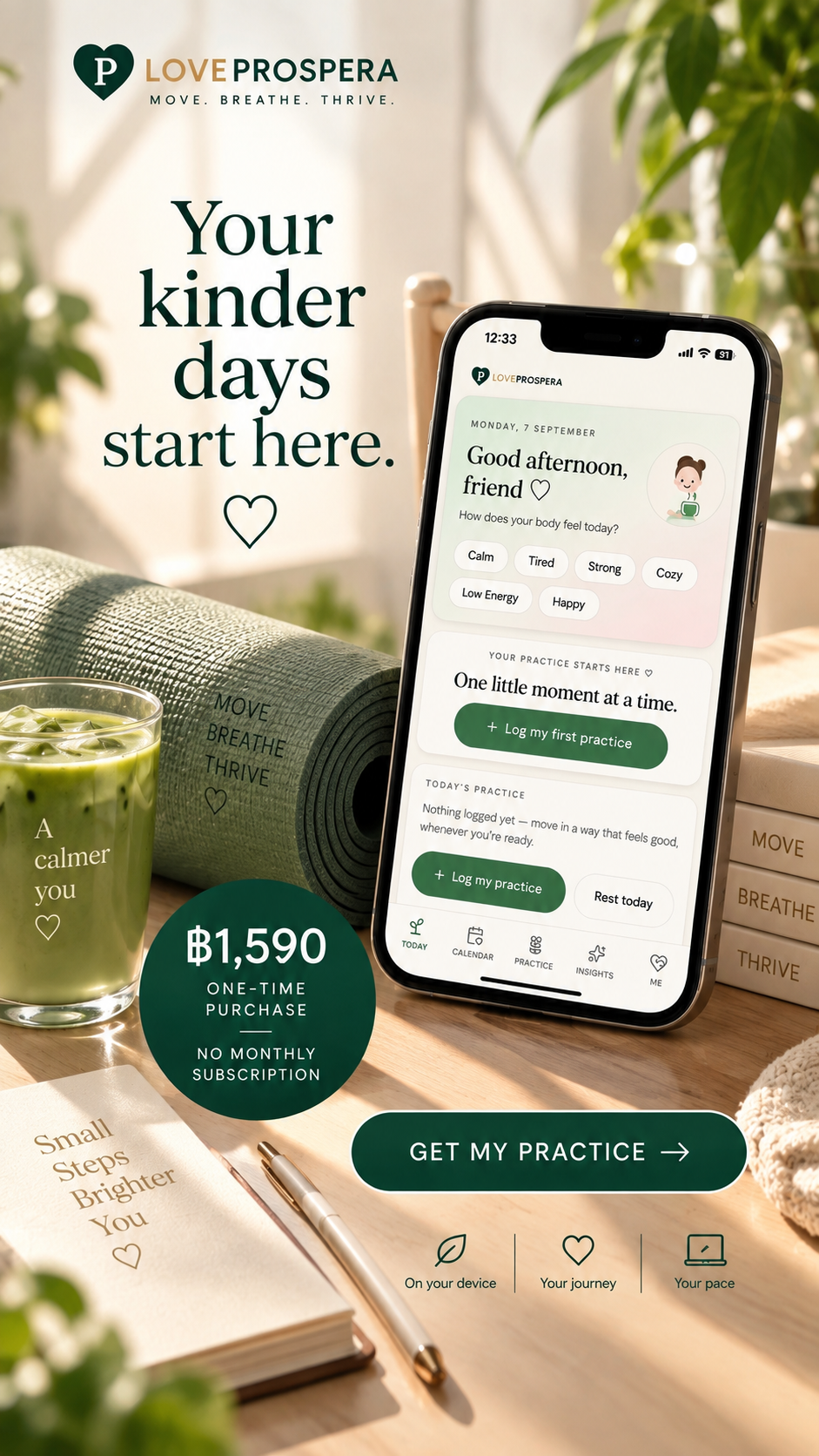 LOVE PROSPERA My Practice wellness web app shown on mobile with one-time purchase price.